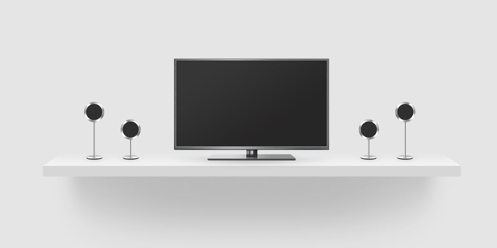 TV flat screen lcd, home theatre realistic illustration, front tv mock up